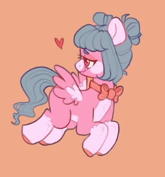 Size: 1395x1494 | Tagged: safe, artist:ponysforyou, imported from derpibooru, oc, oc only, oc:cotton candy, pegasus, pony, bow, flying, heart, orange background, pegasus oc, simple background, solo