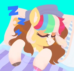Size: 1184x1132 | Tagged: safe, artist:ponysforyou, imported from derpibooru, oc, oc only, oc:morning dew, earth pony, pony, bed, earth pony oc, eyes closed, green background, hat, onomatopoeia, simple background, sleeping, solo, sound effects, zzz