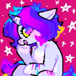 Size: 2000x2000 | Tagged: safe, artist:ponysforyou, imported from derpibooru, oc, oc only, pony, unicorn, bust, horn, pixel art, purple background, simple background, sitting, smiling, solo, unicorn oc