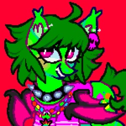 Size: 2000x2000 | Tagged: safe, artist:ponysforyou, imported from derpibooru, oc, oc only, bat pony, pony, bat ears, bat pony oc, clothes, collar, ear fluff, pixel art, red background, simple background, smiling, solo, spiked collar