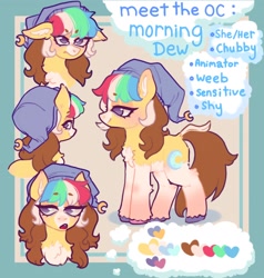 Size: 1948x2048 | Tagged: safe, artist:ponysforyou, imported from derpibooru, oc, oc:morning dew, earth pony, pony, earth pony oc, female, hat, mare, pixel art, reference sheet, solo, text