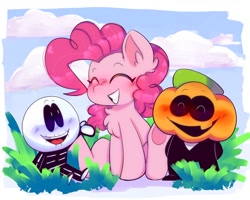 Size: 1280x1024 | Tagged: safe, artist:thepinkh, imported from derpibooru, pinkie pie, blushing, chest fluff, crossover, ear fluff, pump, simple background, skid, spooky month, trio