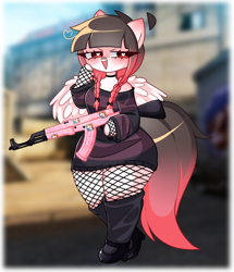 Size: 2344x2720 | Tagged: safe, artist:arwencuack, imported from derpibooru, oc, oc only, oc:arwencuack, anthro, pegasus, ak-47, assault rifle, counter-strike: global offensive, evil, gun, heart, heart eyes, rifle, smiling, solo, thicc thighs, weapon, wingding eyes