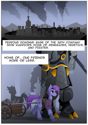 Size: 2480x3508 | Tagged: safe, artist:buvanybu, imported from derpibooru, oc, earth pony, fanfic:iron hearts, ammunition, chaos, chaos space marine, city, comic, crossover, fanfic art, iron warriors, narration, space marine, text, wagon, warhammer (game), warhammer 40k