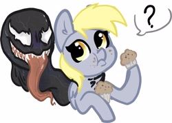 Size: 2467x1780 | Tagged: safe, artist:nootaz, imported from derpibooru, derpy hooves, pegasus, pony, crossover, duo, eating, female, food, long tongue, mare, marvel comics, muffin, puffy cheeks, question mark, simple background, symbiote, tongue out, venom, white background