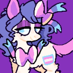 Size: 2000x2000 | Tagged: safe, artist:ponysforyou, imported from derpibooru, oc, oc only, earth pony, pony, bow, hair bow, lidded eyes, pixel art, pride, pride flag, purple background, simple background, smiling, solo, transgender pride flag