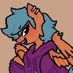 Size: 2000x2000 | Tagged: safe, artist:ponysforyou, imported from derpibooru, oc, oc only, pegasus, pony, clothes, ear piercing, hoodie, orange background, pegasus oc, piercing, pixel art, simple background, smiling, solo
