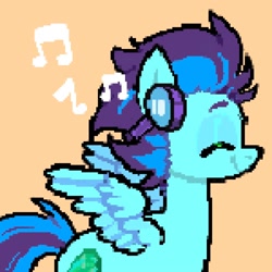 Size: 2000x2000 | Tagged: safe, artist:ponysforyou, imported from derpibooru, oc, oc only, pegasus, pony, eyes closed, headphones, music notes, orange background, pegasus oc, pixel art, side view, simple background, smiling, solo, spread wings, wings
