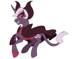 Size: 2048x1676 | Tagged: safe, artist:hibiscuit-rose, imported from derpibooru, pony, unicorn, cape, clothes, cookie run, curved horn, hat, horn, ponified, purple coat, red eyes, sharp teeth, shoes, simple background, solo, teeth, transparent background, white mane
