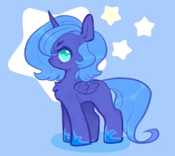 Size: 1633x1457 | Tagged: safe, artist:ponysforyou, imported from derpibooru, princess luna, alicorn, pony, blue background, chest fluff, drawn from memory, female, filly, filly luna, looking at you, side view, simple background, younger