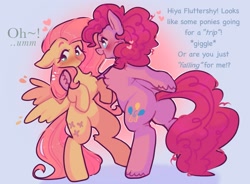 Size: 1979x1460 | Tagged: safe, artist:ponysforyou, imported from derpibooru, fluttershy, pinkie pie, earth pony, pegasus, pony, bipedal, blushing, butt, cheek fluff, duo, female, flutterpie, heart, heart eyes, lesbian, plot, shipping, standing on two hooves, text, wingding eyes