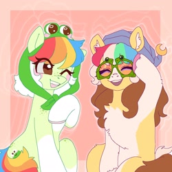 Size: 2048x2048 | Tagged: safe, artist:ponysforyou, imported from derpibooru, oc, oc:morning dew, earth pony, frog, pony, chest fluff, duo, earth pony oc, eyes closed, glasses, hat, sitting, smiling