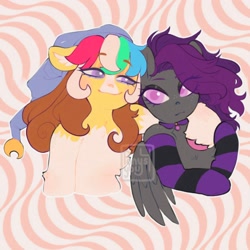 Size: 1500x1500 | Tagged: safe, artist:ponysforyou, imported from derpibooru, oc, oc:morning dew, earth pony, pegasus, pony, bust, chest fluff, clothes, duo, earth pony oc, hat, pegasus oc, smiling, socks, striped socks