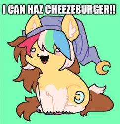 Size: 375x386 | Tagged: safe, artist:ponysforyou, imported from derpibooru, oc, oc only, oc:morning dew, earth pony, pony, earth pony oc, fluffy, green background, hat, i can has cheezburger, meme, simple background, sitting, solo, text