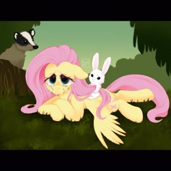 Size: 2048x2048 | Tagged: safe, artist:ponysforyou, imported from derpibooru, angel bunny, fluttershy, badger, pegasus, pony, rabbit, animal, crying, cute, female, floppy ears, lying down, male, mare, sad, sadorable, scene interpretation, shyabetes, solo