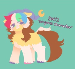 Size: 2048x1901 | Tagged: safe, artist:ponysforyou, imported from derpibooru, oc, oc only, oc:morning dew, earth pony, pony, chest fluff, earth pony oc, green background, hat, simple background, solo, text, unshorn fetlocks