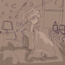 Size: 2048x2048 | Tagged: safe, artist:ponysforyou, imported from derpibooru, oc, oc only, oc:morning dew, earth pony, pony, bed, chest fluff, crying, earth pony oc, hat, lamp, monochrome, sitting, sketch, solo