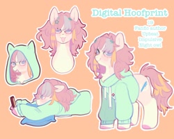 Size: 2048x1637 | Tagged: safe, artist:ponysforyou, imported from derpibooru, oc, earth pony, pony, clothes, earth pony oc, hoodie, looking at you, reference sheet, smiling, text