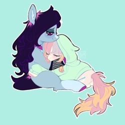 Size: 2048x2048 | Tagged: safe, artist:ponysforyou, imported from derpibooru, oc, earth pony, pony, clothes, duo, earth pony oc, green background, hoodie, hug, lying down, simple background, sitting, smiling