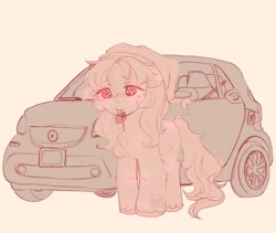 Size: 1760x1488 | Tagged: safe, artist:ponysforyou, imported from derpibooru, oc, oc:morning dew, earth pony, pony, car, chest fluff, earth pony oc, hat, monochrome, mouth hold, sketch, smart car, solo