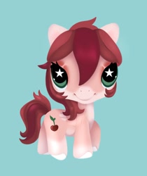 Size: 1397x1660 | Tagged: safe, artist:ponysforyou, imported from derpibooru, oc, oc:nasty cherry, earth pony, pegasus, pony, blue background, earth pony oc, figurine, littlest pet shop, looking at you, simple background, solo, starry eyes, wingding eyes