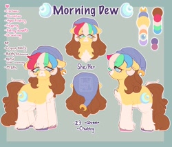 Size: 2048x1746 | Tagged: safe, artist:ponysforyou, imported from derpibooru, oc, oc:morning dew, earth pony, pony, chest fluff, earth pony oc, female, hat, looking at you, mare, reference sheet, text, unshorn fetlocks