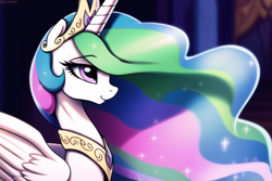 Size: 768x512 | Tagged: safe, imported from derpibooru, princess celestia, alicorn, pony, ai content, ai generated, bust, female, generator:novelai, generator:stable diffusion, horn, indoors, jewelry, mare, prompter:endless--, solo, tiara, wings