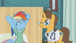 Size: 1920x1080 | Tagged: safe, imported from derpibooru, screencap, doctor horse, doctor stable, rainbow dash, pegasus, pony, unicorn, read it and weep, season 2, bandage, bandaged wing, cute, dashabetes, duo, eyes closed, female, glasses, injured, male, mare, smiling, stallion, wings