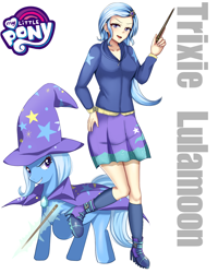 Size: 1024x1280 | Tagged: safe, artist:binrouya2021, imported from derpibooru, kotobukiya, trixie, human, pony, unicorn, equestria girls, female, human coloration, human ponidox, magic, mare, my little pony logo, self paradox, self ponidox, simple background, telekinesis, wand, white background