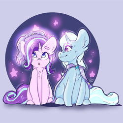 Size: 3000x3000 | Tagged: safe, artist:galaxiastar1, imported from derpibooru, starlight glimmer, trixie, pony, unicorn, accessory swap, cape, clothes, duo, duo female, female, hat, magic, sitting, smiling, trixie's hat