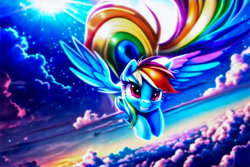Size: 1728x1152 | Tagged: safe, imported from derpibooru, rainbow dash, pegasus, pony, ai content, ai generated, cloud, female, flying, generator:novelai, generator:stable diffusion, happy, mare, prompter:endless--, sky, smiling, solo, spread wings, tail, wings