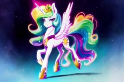 Size: 2304x1536 | Tagged: safe, generator:pony soup v2 remix, imported from derpibooru, princess celestia, alicorn, pony, abstract background, ai content, ai generated, crown, ethereal mane, ethereal tail, female, generator:stable diffusion, jewelry, looking at you, mare, peytral, prompter:siber, regalia, smiling, smiling at you, solo, tail