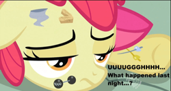 Size: 500x267 | Tagged: safe, imported from derpibooru, screencap, apple bloom, earth pony, the cutie pox, hangover, hub logo, logo, the hub