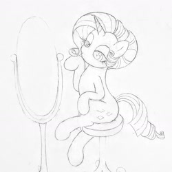 Size: 1762x1763 | Tagged: artist needed, safe, imported from derpibooru, rarity, pony, chair, mirror, pose, sitting, solo, traditional art