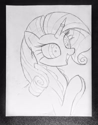 Size: 2507x3185 | Tagged: safe, anonymous artist, imported from derpibooru, rarity, clothes, dress, ear piercing, earring, horn, horn ring, jewelry, paper, piercing, ring, smiling, solo, traditional art