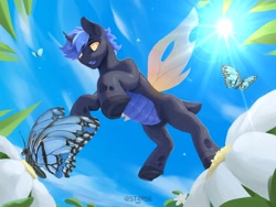 Size: 1800x1350 | Tagged: safe, artist:st4rs6, imported from derpibooru, oc, oc only, butterfly, changeling, blue changeling, changeling oc, commission, floating, flower, spread wings, wings