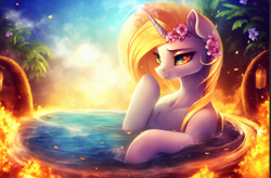 Size: 1154x755 | Tagged: safe, editor:mr-bat, imported from derpibooru, daybreaker, princess celestia, alicorn, pony, ai content, ai generated, beautiful, beautisexy, boop, cute, cutelestia, female, fire, flower, flower in hair, generator:stable diffusion, horn, imminent boop, majestic as fuck, mare, palm tree, petals, relaxed, relaxing, self-boop, sexy, stupid sexy celestia, stupid sexy daybreaker, tree, tropical, water