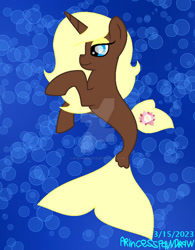Size: 400x514 | Tagged: safe, artist:ioveanimals100, imported from derpibooru, oc, oc only, pony, seapony (g4), unicorn, bubble, dorsal fin, eyeshadow, female, fin, fish tail, flowing mane, flowing tail, horn, lidded eyes, makeup, mare, ocean, requested art, seaponified, signature, solo, species swap, swimming, tail, underwater, water