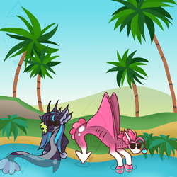 Size: 1024x1024 | Tagged: safe, artist:stormheart413, imported from derpibooru, oc, oc only, hybrid, merpony, seapony (g4), dorsal fin, fin, fins, fish tail, gills, lying down, male, palm tree, seapony oc, sky, stallion, sunglasses, tail, tree, tropical, water