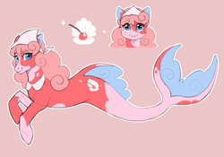Size: 2280x1595 | Tagged: safe, artist:shibachichi, imported from derpibooru, oc, oc only, merpony, seapony (g4), blue eyes, cherry, cute, digital art, dorsal fin, female, fin, fish tail, food, looking at you, mare, pink background, pink mane, seapony oc, simple background, smiling, smiling at you, solo, swimming, tail