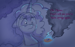 Size: 1113x701 | Tagged: safe, anonymous artist, imported from derpibooru, opaline arcana, pony, unicorn, series:misty pov, amulet, dialogue, female, g5, glowing, implied opaline arcana, jewelry, mare, misty brightdawn, necklace, opaline arcana is not amused, talking, text, this will end in tears, unamused