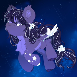 Size: 2500x2500 | Tagged: safe, artist:medkit, imported from derpibooru, oc, oc only, oc:nightfall whale, pegasus, pony, accessory, blaze (coat marking), chest fluff, chibi, closed mouth, coat markings, colored eyebrows, colored eyelashes, colored hooves, colored lineart, colored wings, dark, ear fluff, ears up, enjoying, eye clipping through hair, eyebrows, eyebrows visible through hair, eyelashes, eyes closed, facial markings, feather, feathered wings, female, fishtail, fluffy, flying, freckles, full body, glowing, glowing mane, hairstyle, happy, heart shaped, high res, long mane, long tail, mare, neon, neon mane, night, night sky, paint tool sai 2, pegasus oc, pigtails, raised head, raised hooves, raised leg, scrunchie, shooting star, sky, small pony, smiling, solo, speedpaint, speedpaint available, spots, spread wings, starry night, starry sky, stars, tail, tassels, three quarter view, two toned mane, two toned wings, wall of tags, wings