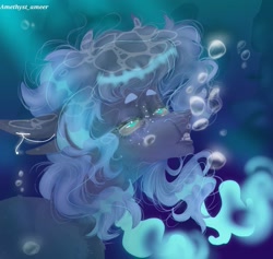 Size: 1229x1165 | Tagged: safe, artist:amethystameer, imported from derpibooru, oc, oc only, hybrid, merpony, original species, seapony (g4), shark, shark pony, blue eyes, blue mane, bubble, crepuscular rays, digital art, flowing mane, lidded eyes, looking up, male, ocean, signature, solo, stallion, sunlight, swimming, teeth, underwater, water