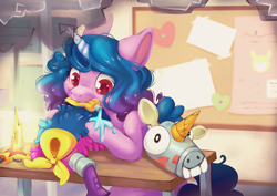 Size: 7016x4961 | Tagged: safe, artist:cutepencilcase, imported from derpibooru, izzy moonbow, pony, unicorn, cute, female, fire, g5, glue, izzybetes, male, mare, mouth hold, my little pony: tell your tale, painting, recycling, señor butterscotch, smoke