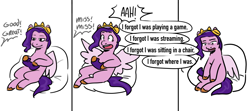 Size: 5767x2557 | Tagged: safe, artist:daisy_marshmallow, imported from derpibooru, pipp petals, pegasus, pony, 3 panel comic, adorapipp, beanbag chair, colored sketch, comic, controller, cute, dialogue, female, g5, gamer pipp, gaming, gaming headset, headphones, headset, jerma985, mare, simple background, sketch, solo, white background