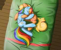 Size: 880x724 | Tagged: safe, artist:solixy406, imported from derpibooru, applejack, rainbow dash, bed, nap, sleeping, sleeping together