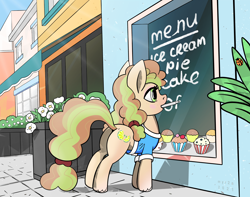 Size: 3800x3000 | Tagged: safe, artist:myr2a, imported from derpibooru, oc, oc only, earth pony, pony, butt, clothes, earth pony oc, eyeshadow, female, freckles, makeup, mare, marker, mouth hold, plot, solo, unshorn fetlocks