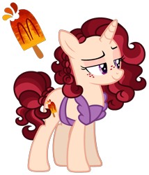 Size: 1483x1736 | Tagged: safe, artist:strawberry-spritz, imported from derpibooru, oc, oc only, pony, unicorn, apron, base used, clothes, female, horn, magical lesbian spawn, mare, offspring, parent:cinnamon chai, parents:cayenne, solo, unicorn oc