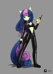 Size: 711x1000 | Tagged: safe, artist:howxu, imported from derpibooru, bon bon, sweetie drops, anthro, earth pony, plantigrade anthro, belly button, big eyes, boots, bra, breasts, cleavage, clothes, curly hair, ears, female, green eyes, gun, handgun, latex, latex suit, long hair, pistol, secret agent sweetie drops, shiny, shoes, solo, suppressor, tail, two toned hair, two toned tail, underwear, unzipped, walkie talkie, weapon, zipper