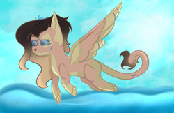 Size: 5400x3500 | Tagged: safe, artist:thecommandermiky, imported from derpibooru, oc, oc only, oc:reagan, hybrid, pegasus, cloud, flying, hybrid oc, long tail, ocean, paws, pegasus oc, solo, spread wings, tail, water, wings